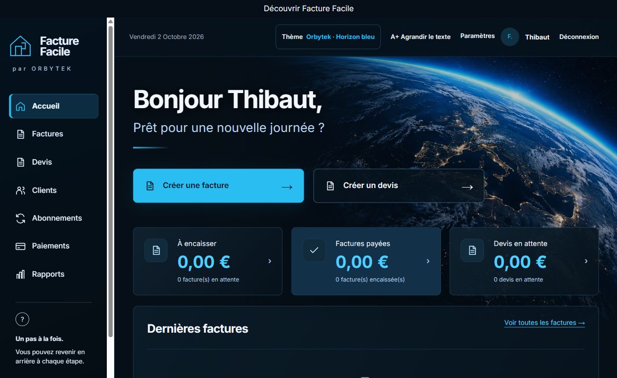 Facture Facile, thème Orbytek · Horizon bleu : création de factures et devis, suivi des paiements et dernières factures.